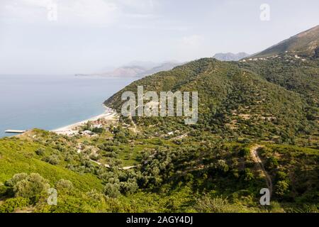 Mediterranean landscape on the Ionian Sea in Albania between Himare and Saranda Stock Photo