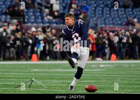 December 21, 2019: New England Patriots kicker Nick Folk (2) warms up before the NFL football game between the Buffalo Bills and the New England Patriots at Gillette Stadium, in Foxborough, Massachusetts. Eric Canha/CSM Stock Photo