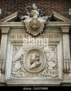 Miguel de Cervantes Saavedra (1547-1616). Spanish writer. Author of Don Quixote. Commemorative relief on the facade of the Convent of Las Trinitarias, where Cervantes is buried. Madrid, Spain. Stock Photo