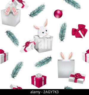 Christmas seamless pattern with cute white bunny isolated on white background. Vector illustration. Stock Photo