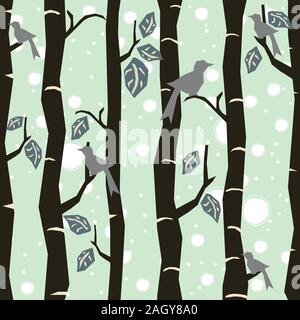 Seamless Tree Pattern with big birds and leaves. Vector Illustration. Stock Vector