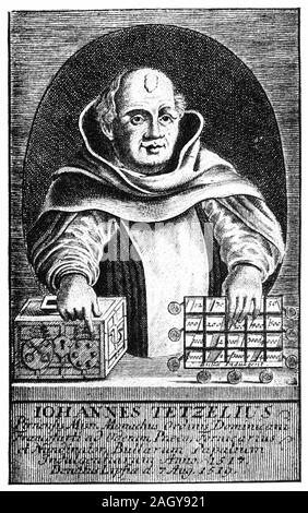 the Indulgense seller Johann Tetzel provoked Martin Luther to fight against his ungodly salespitch, which  sparked the Reformation and broke the medieval power of the Roman Catholic Church. Stock Photo
