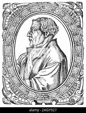 Engraving of Martin Bucer (aka Butzer 1491 – 1551)  German Protestant reformer in the Reformed tradition based in Strasbourg who influenced Lutheran, Calvinist, and Anglican doctrines and practices.