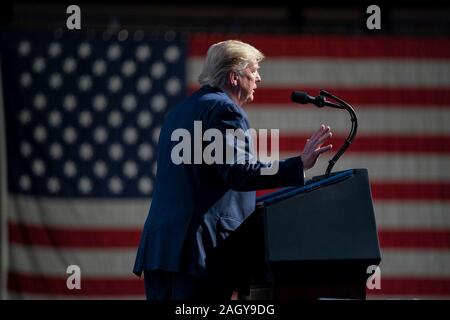 U.S President Donald Trump delivers remarks at the Turning Point USA 5th annual Student Action Summit at the Palm Beach County Convention Center December 21, 2019 in West Palm Beach, Florida. Trump rallied the youth conservative group with wild claims on wind turbines and attacks on his opponents. Stock Photo