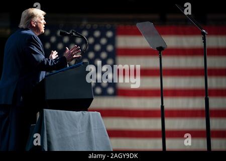 U.S President Donald Trump delivers remarks at the Turning Point USA 5th annual Student Action Summit at the Palm Beach County Convention Center December 21, 2019 in West Palm Beach, Florida. Trump rallied the youth conservative group with wild claims on wind turbines and attacks on his opponents. Stock Photo