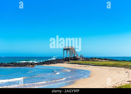 Observation tower on a sandy beach, Galapagos Island, Isla Isabela. Copy space for text Stock Photo