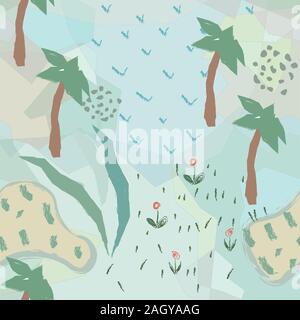 Cute seamless background with palms, field, sun, grass. Cute childish abstract design. Vector Illustration Stock Vector