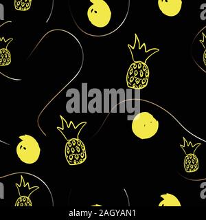 Seamless golden pineapple pattern on dark background. Repeating exotic pineapple pattern. Vector Illustration Stock Vector