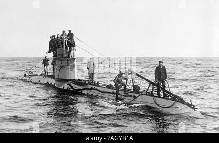 German UC-1-class World War I submarine. The Type UC I coastal submarines were a class of small minelaying U-boats built in Germany during the early part of World War I. Stock Photo
