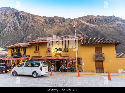 OLLANTAYTAMBO, PERU - JUNE 26, 2019: View of the cafe building in the city center Stock Photo