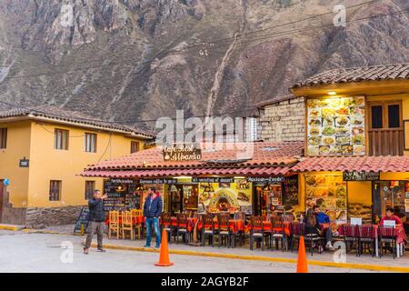 OLLANTAYTAMBO, PERU - JUNE 26, 2019: View of the cafe building in the city center Stock Photo