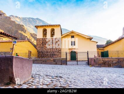 OLLANTAYTAMBO, PERU - JUNE 26, 2019: Church in the historical part of the city Stock Photo