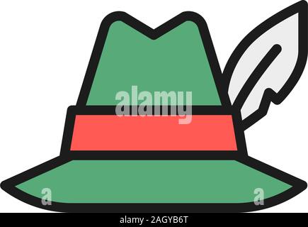 Hat with feather, hunter headdress flat color line icon. Stock Vector