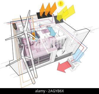 Apartment diagram with floor heating and connected to the wind turbines and photovoltaic and solar panels and air conditioning Stock Vector