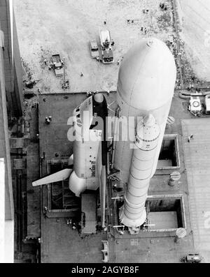 Space shuttle Enterprise made its first appearance mated to supportive propellant containers/boosters cluster, as it was rolled from the Vehicle Assembly Building at Kennedy Space Center en route to the launch pad, on May 1, 1979. Image Credit: NASA Stock Photo