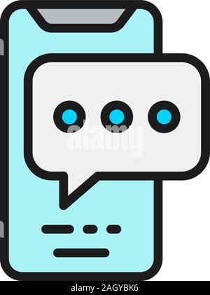 Phone with text bubble, speech chat, message flat color line icon. Stock Vector