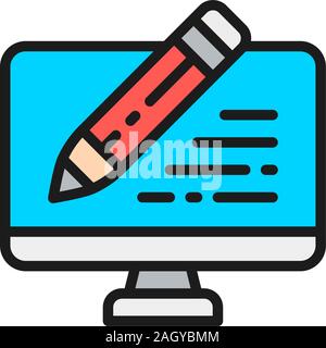 PC with pen, write review, email laptop, chat, message flat color line icon. Stock Vector
