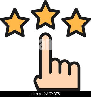 Finger point to stars, customer review, feedback flat color line icon. Stock Vector
