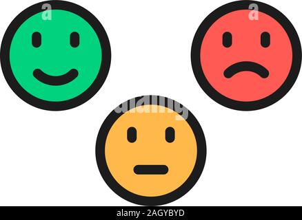 Feedback emoticons, positive, neutral and negative faces flat color line icon. Stock Vector