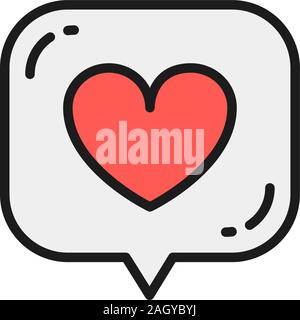 Heart in speech bubble, like, positive feedback flat color line icon. Stock Vector