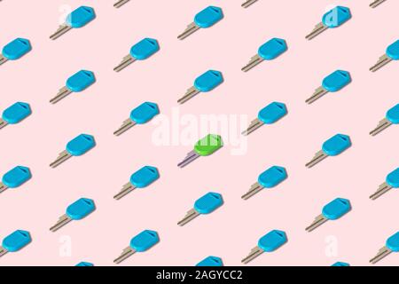 Seamless blue keys with one green key pattern minimal creative security concept. Stock Photo