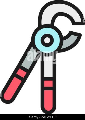 Tooth extraction tool, dental surgery instruments flat color line icon. Stock Vector