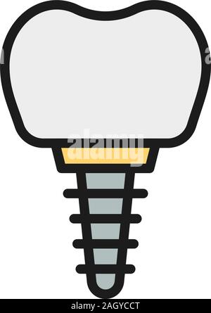 Vector dental implant, tooth crown flat color line icon. Stock Vector