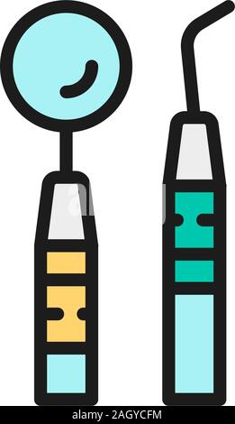 Dental examination kit, dental instruments flat color line icon. Stock Vector