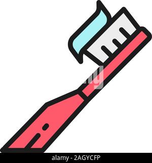 Vector toothbrush with paste, toothpaste flat color line icon. Stock Vector