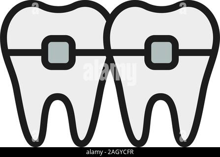 Teeth with braces, orthodontics, brackets flat color line icon. Stock Vector