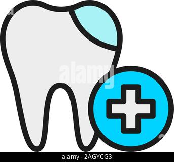 Vector dental filling, cured tooth flat color line icon. Stock Vector
