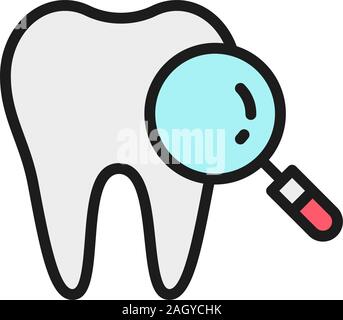 Dental care, tooth with magnifier loupe, medical tooth check flat color line icon. Stock Vector
