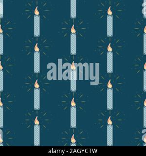 Beautiful seamless pattern with colorful Merry Christmas Candle on dark background. Think Line Style. Flat Design. Vector Illustration Stock Vector