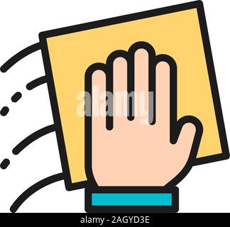 Hand with a rag, cleaning flat color line icon. Stock Vector