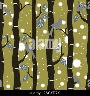 Seamless Tree Pattern with big birds and leaves. Vector Illustration. Stock Vector