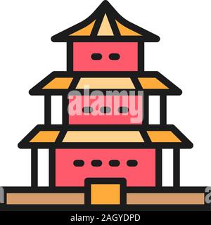 Vector Chinese temple, traditional church flat color line icon. Stock Vector