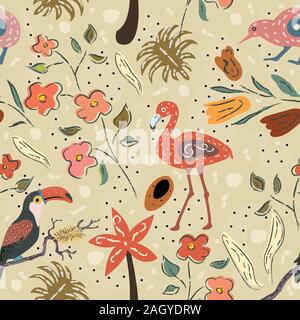 Flamingo, Toucan and kiwi bird. Exotic Bird Seamless Pattern. Vector illustration Stock Vector