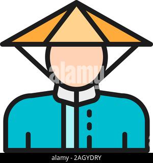 Chinese man in traditional hat flat color line icon. Stock Vector