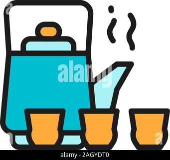 Chinese tea ceremony, kettle and cups flat color line icon. Stock Vector