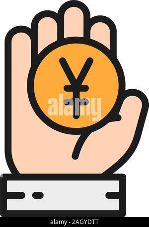 Chinese Yen, coin, money in hand flat color line icon. Stock Vector