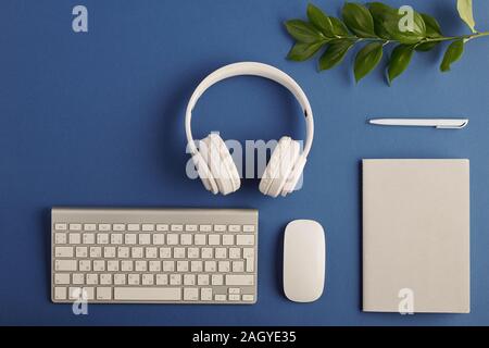 Keypad and mouse, branch with green leaves, headphones, notebook and pen Stock Photo
