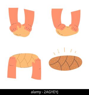 Hands knead dough,line drawing isolated symbols  Stock Vector