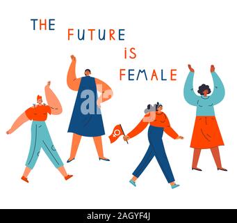 Different women standing together.Feminism text Stock Vector