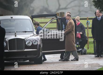 Viscount James Severn and Prince Edward (Earl of Wessex), attended the St. Mary Magdalene Church Sunday morning service in Sandringham.  Currently, Prince Philip (Duke of Edinburgh), is in hospital in London, but is hoping to return to Sandringham for Christmas with the Royal family. Queen Elizabeth II attends church, Sandringham, Norfolk, on December 22, 2019. Stock Photo