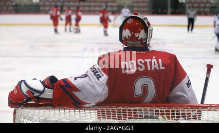 Trinec, Czech Republic. 22nd Dec, 2019. Goalkeeper Jakub Dostal (CZE) 'in action' during a preliminary match Czech Republic vs Slovakia prior to the 2020 IIHF World Junior Ice Hockey Championships, in Trinec, Czech Republic, on Sunday, December 22, 2019. Credit: Petr Sznapka/CTK Photo/Alamy Live News Stock Photo