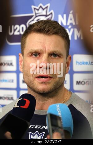 Trinec, Czech Republic. 22nd Dec, 2019. Czech head coach Vaclav Varada speaks to journalists after a preliminary match Czech Republic vs Slovakia prior to the 2020 IIHF World Junior Ice Hockey Championships, in Trinec, Czech Republic, on Sunday, December 22, 2019. Credit: Petr Sznapka/CTK Photo/Alamy Live News Stock Photo