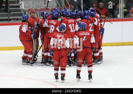 Trinec, Czech Republic. 22nd Dec, 2019. Czech players celebrate after a preliminary match Czech Republic vs Slovakia prior to the 2020 IIHF World Junior Ice Hockey Championships, in Trinec, Czech Republic, on Sunday, December 22, 2019. Credit: Petr Sznapka/CTK Photo/Alamy Live News Stock Photo