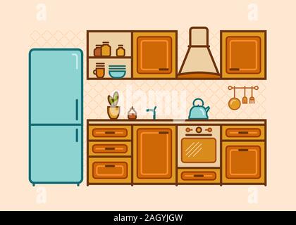 Kitchen, furniture drawn in a linear flat style. Cartoon vector illustration Stock Vector
