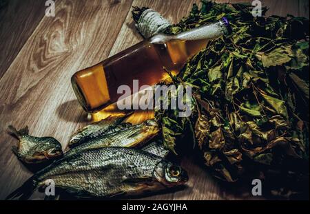 men's set for a trip to the sauna with beer and fish Stock Photo