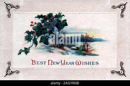 Vintage Postcard, Antique Greeting card, Best New YEars Wishes floral house in rural snow setting. Stock Photo